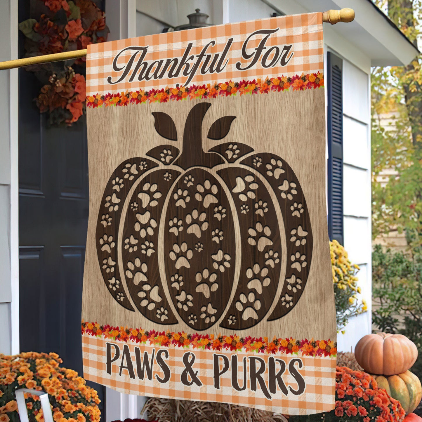 Thanksgiving Dog Garden & House Flag, Thankful For Paws Purrs Outdoor Decor, Give Thanks Yard Decor Gift For Dog Lovers