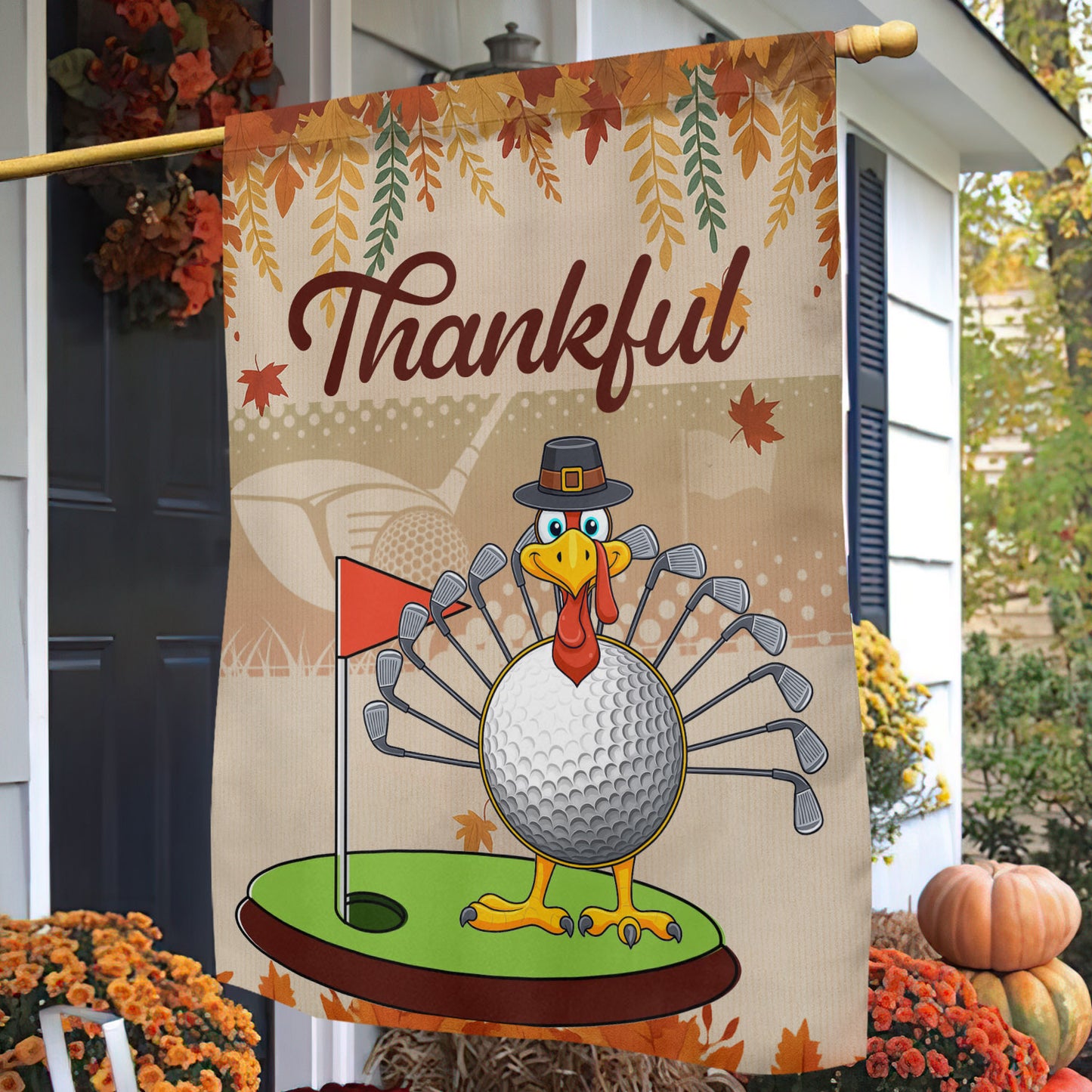 Thanksgiving Golf Garden & House Flag, Thankful Turkey Outdoor Decor, Yard Decor Gift For Golf Lovers