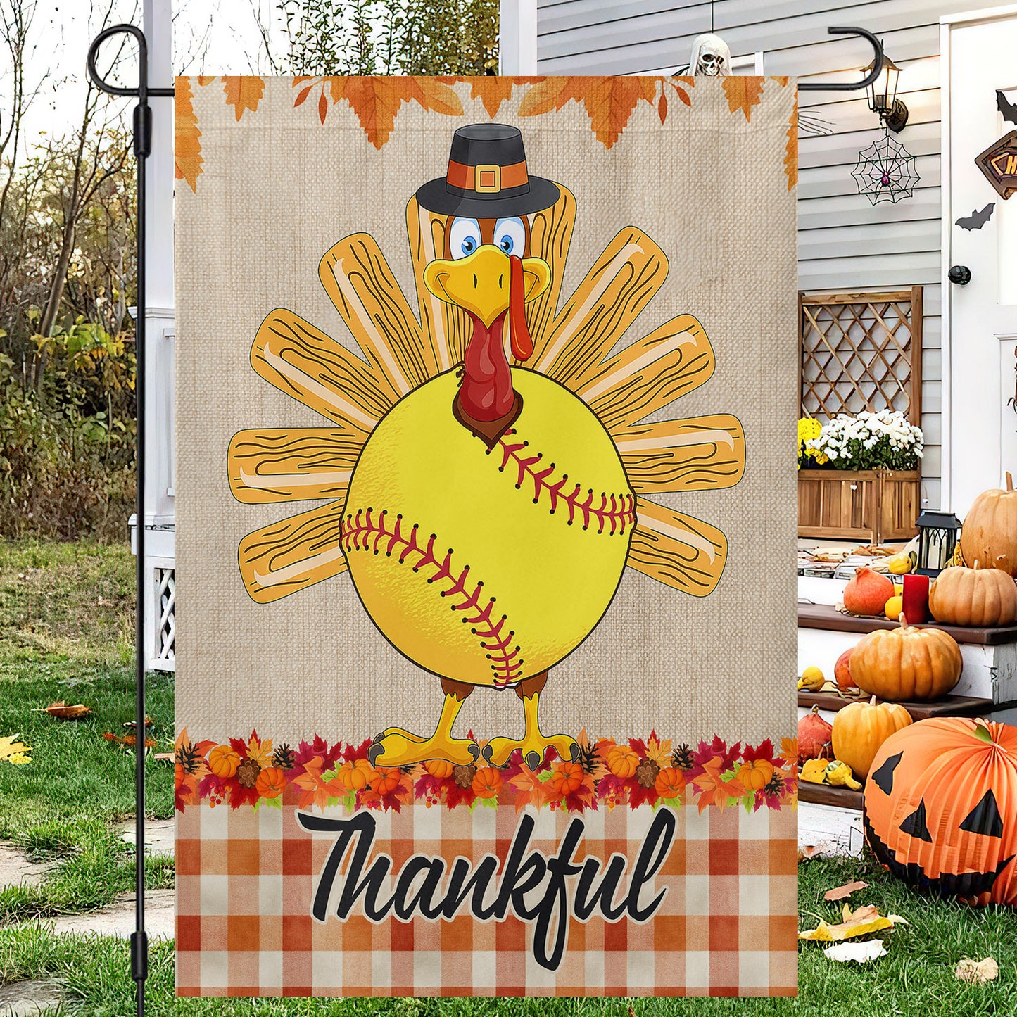 Thanksgiving Softball Garden & House Flag, Thankful Turkey Outdoor Decor, Yard Decor Gift For Softball Lovers
