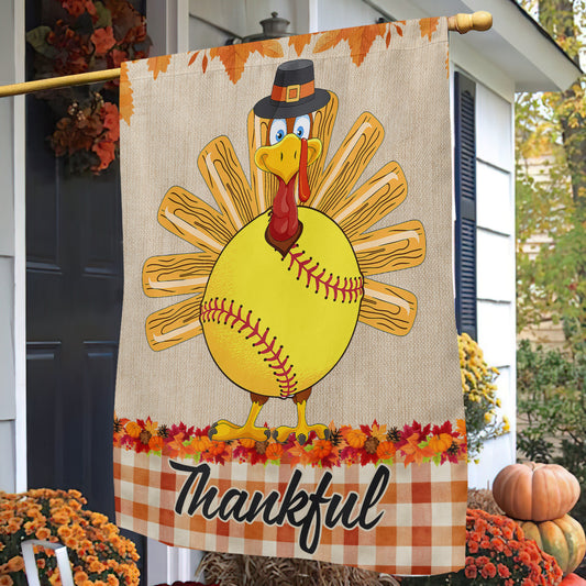 Thanksgiving Softball Garden & House Flag, Thankful Turkey Outdoor Decor, Yard Decor Gift For Softball Lovers