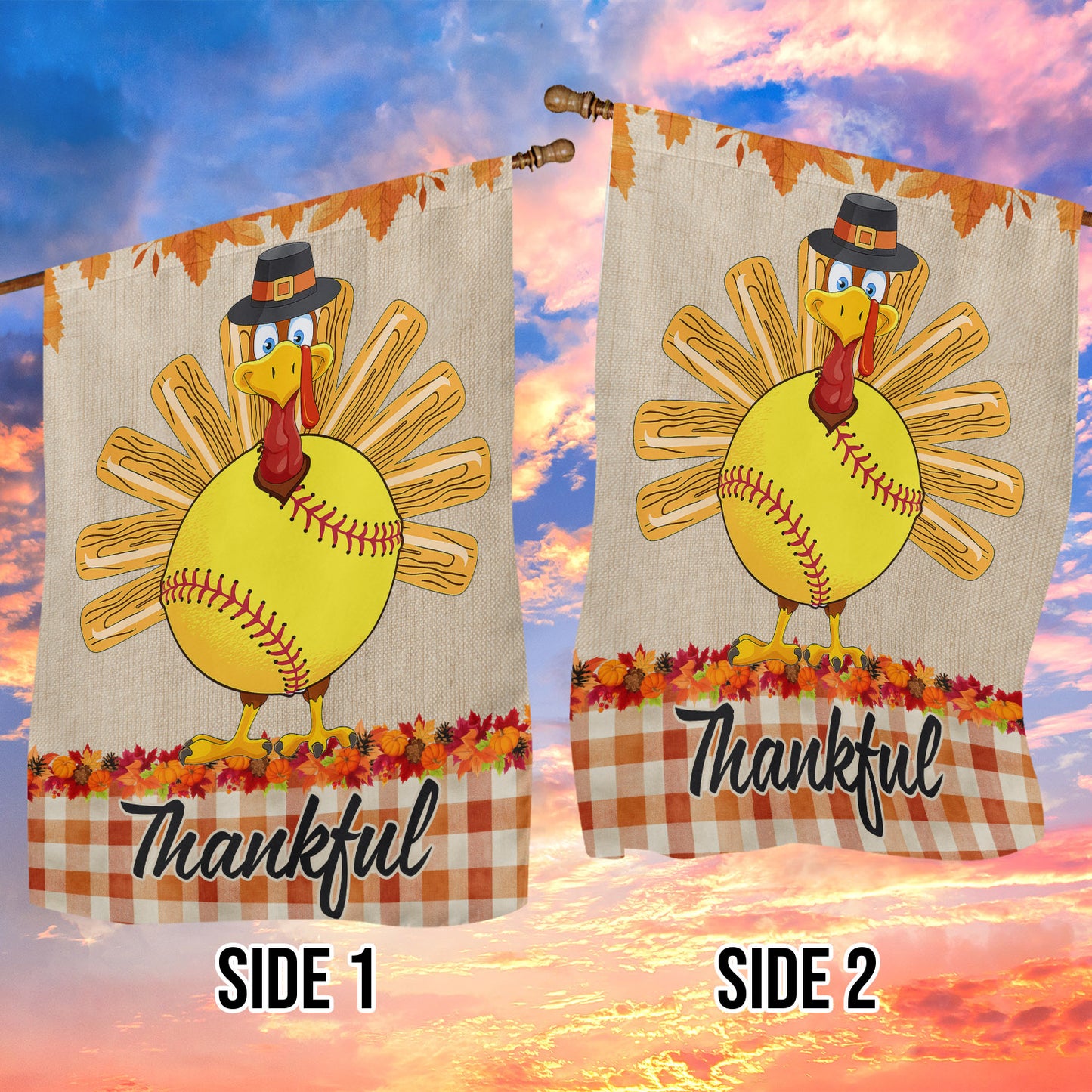 Thanksgiving Softball Garden & House Flag, Thankful Turkey Outdoor Decor, Yard Decor Gift For Softball Lovers