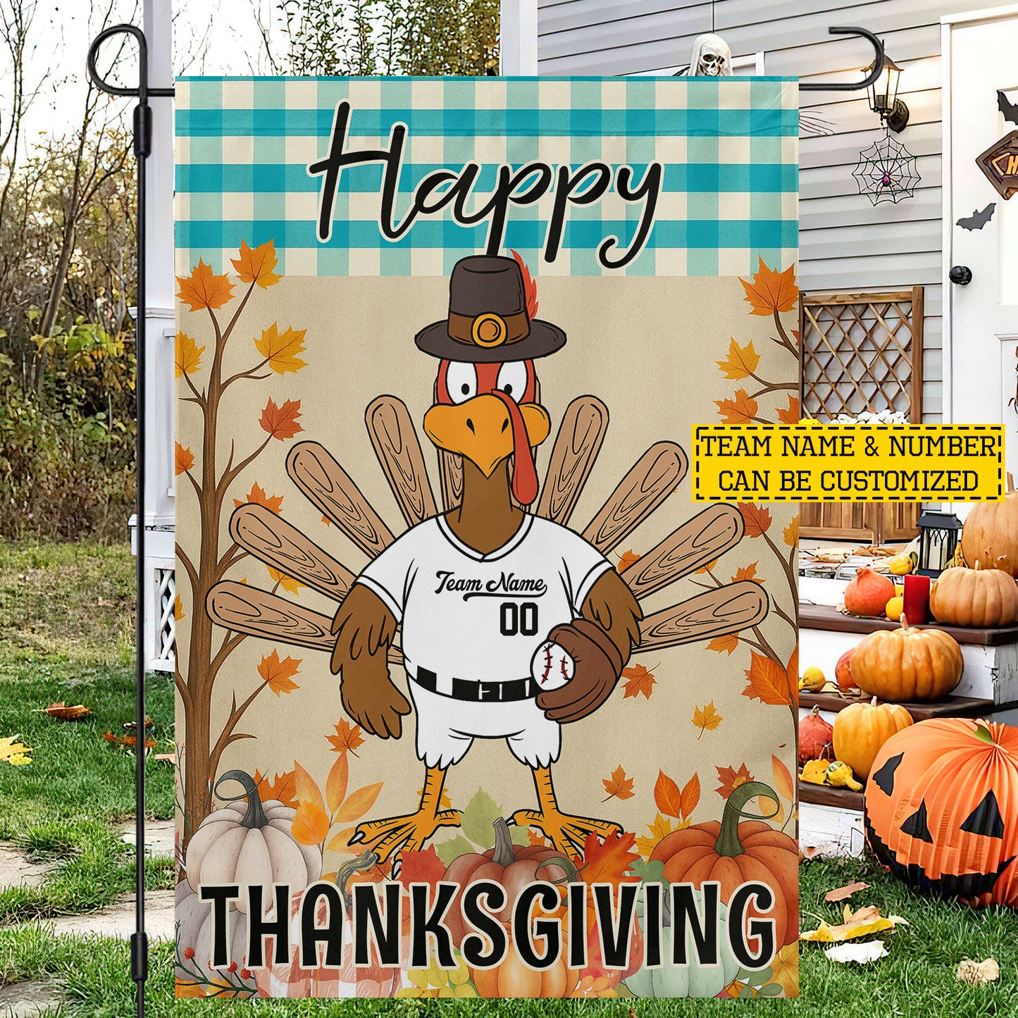 Personalized Thanksgiving Baseball Garden & House Flag, Happy Thanksgiving Thankful Turkey Outdoor Decor, Yard Decor Gift For Baseball Lovers
