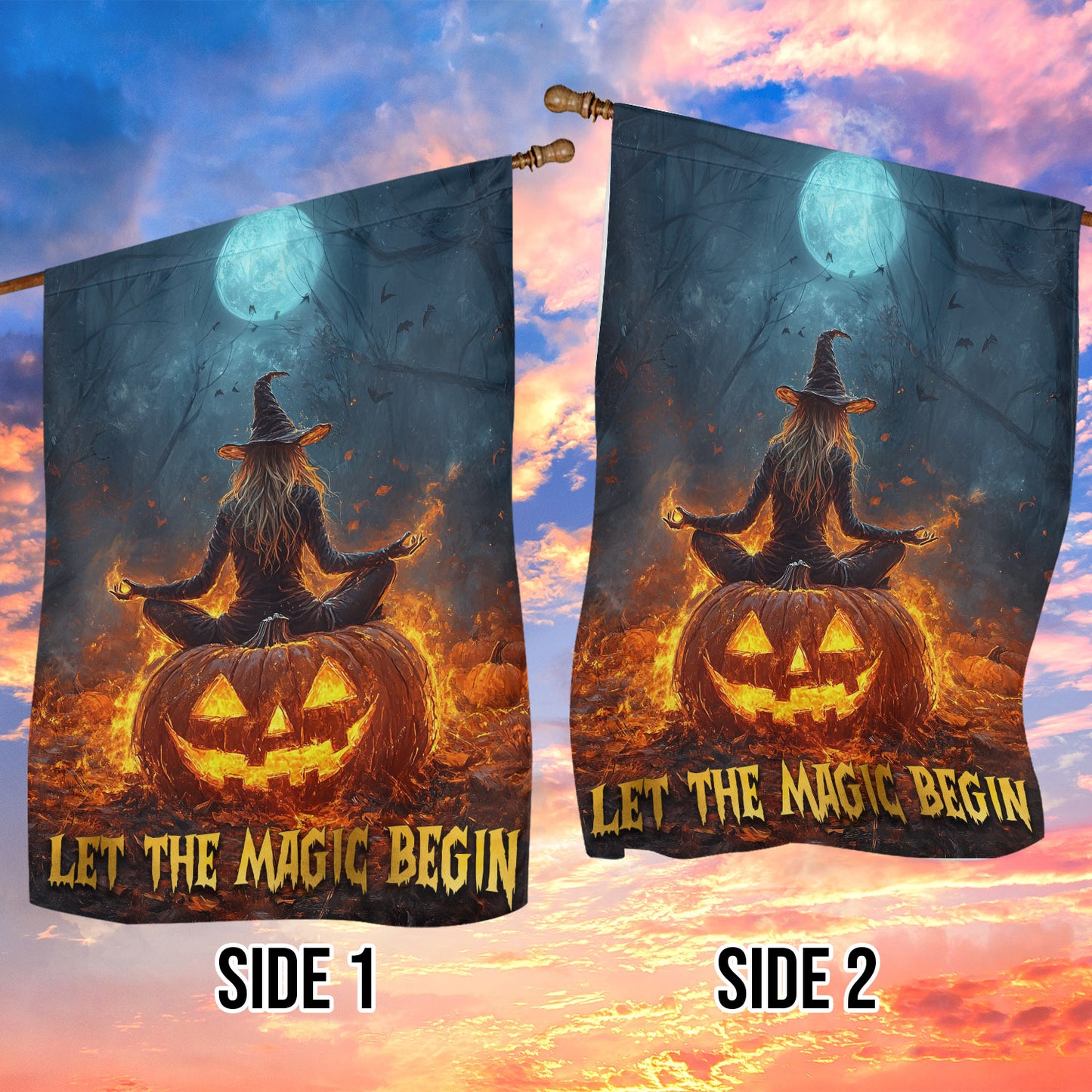 Halloween Meditation Garden & House Flag, Let The Magic Begin Yard Flag, Spooky Season Gift For Meditation Lovers