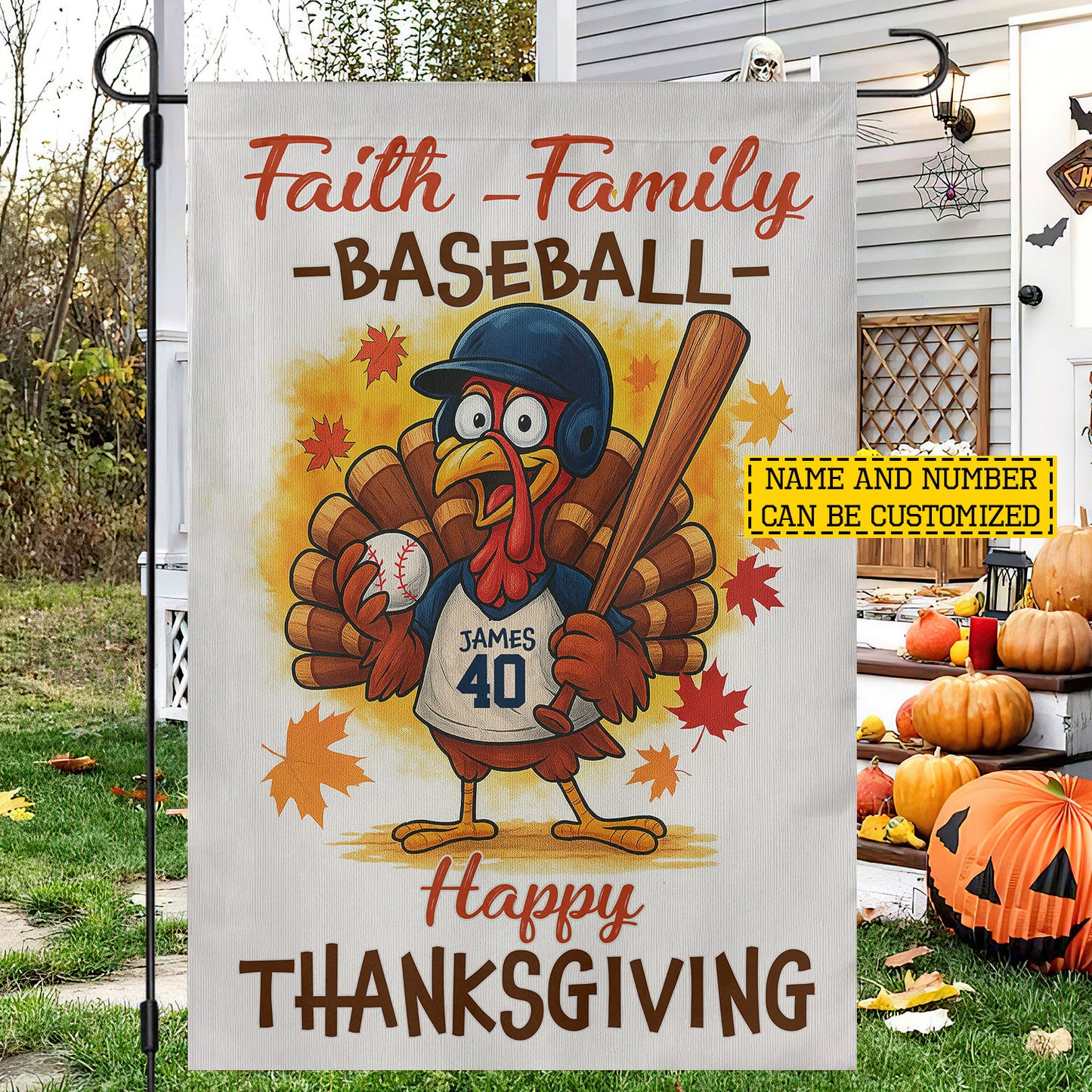 Cute Personalized Thanksgiving Baseball Garden & House Flag, Faith Family Baseball Thankful Turkey Outdoor Decor, Yard Decor Gift For Baseball Lovers