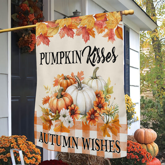 Thanksgiving Garden Flag & House Flag, Pumpkin Kisses Thankful Season Outdoor Decor, Yard Decor Gift For Thankful Loves