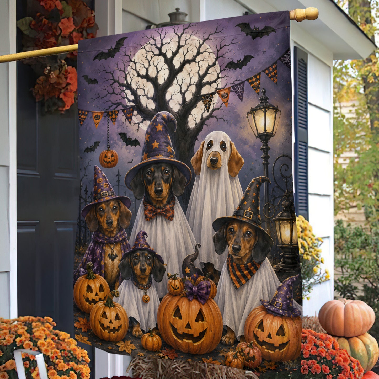 Halloween Dachshund Dog Garden & House Flag, Cute Ghost Dog Witch Pumpkin Yard Flag, Spooky Season Gift For Dog Lover