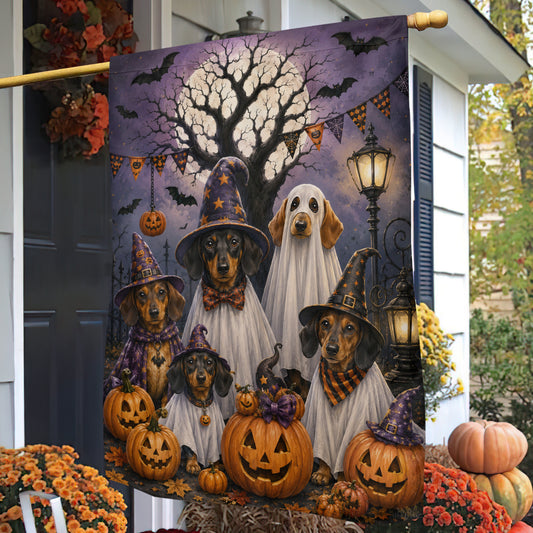 Halloween Dachshund Dog Garden & House Flag, Cute Ghost Dog Witch Pumpkin Yard Flag, Spooky Season Gift For Dog Lover
