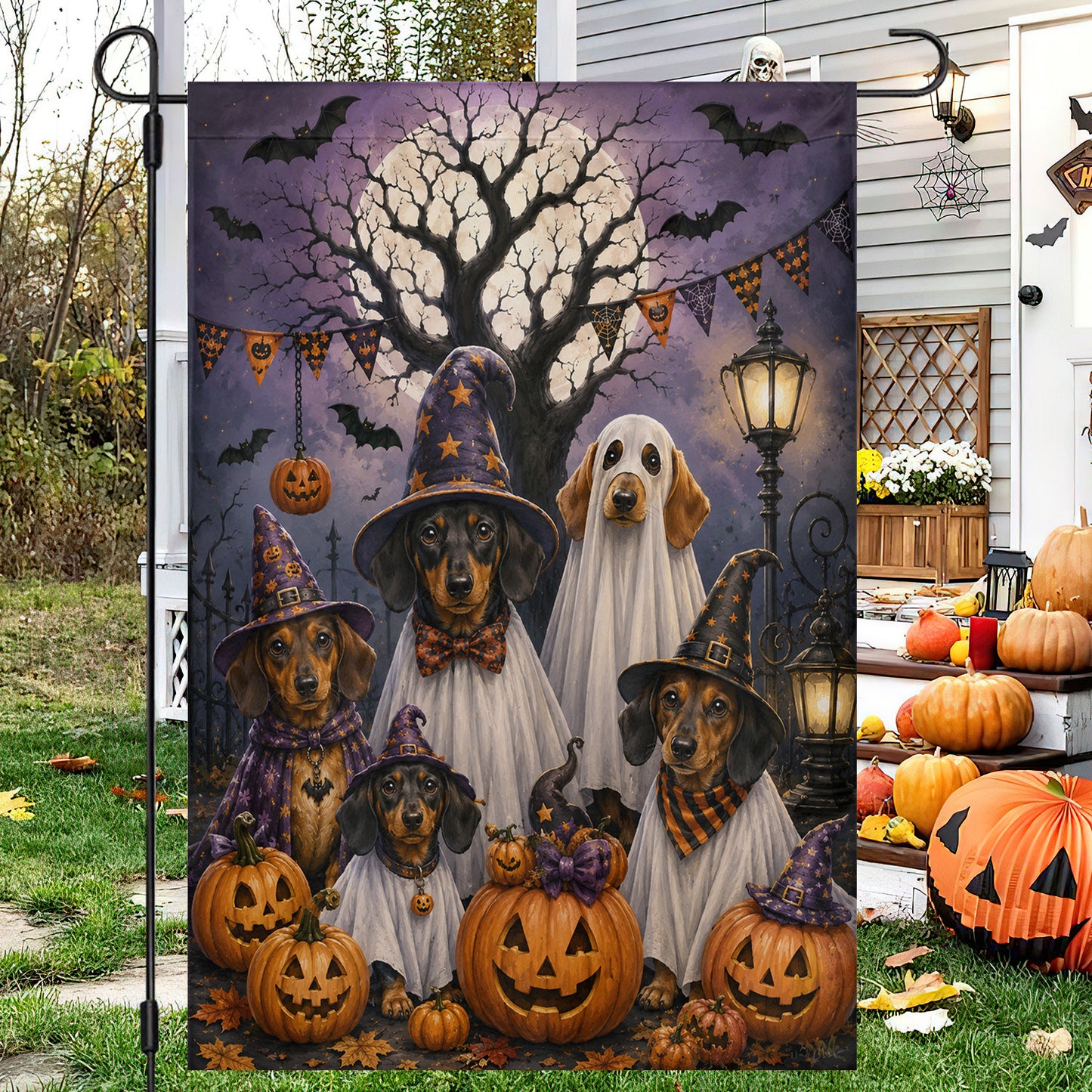 Halloween Dachshund Dog Garden & House Flag, Cute Ghost Dog Witch Pumpkin Yard Flag, Spooky Season Gift For Dog Lover