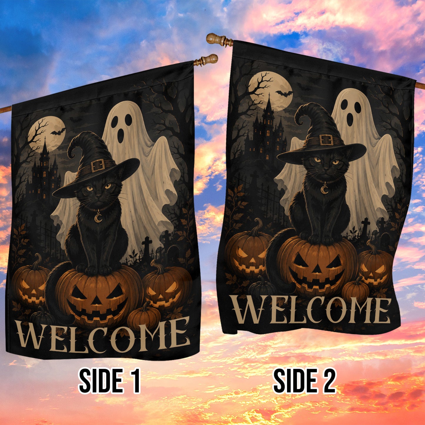 Halloween Black Cat Garden & House Flag, Witch Cat Ghost Pumpkin Welcome Yard Flag, Spooky Season Gift For Cat Lover