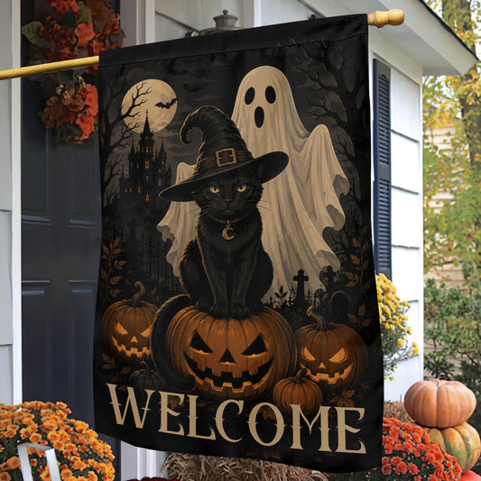Halloween Black Cat Garden & House Flag, Witch Cat Ghost Pumpkin Welcome Yard Flag, Spooky Season Gift For Cat Lover