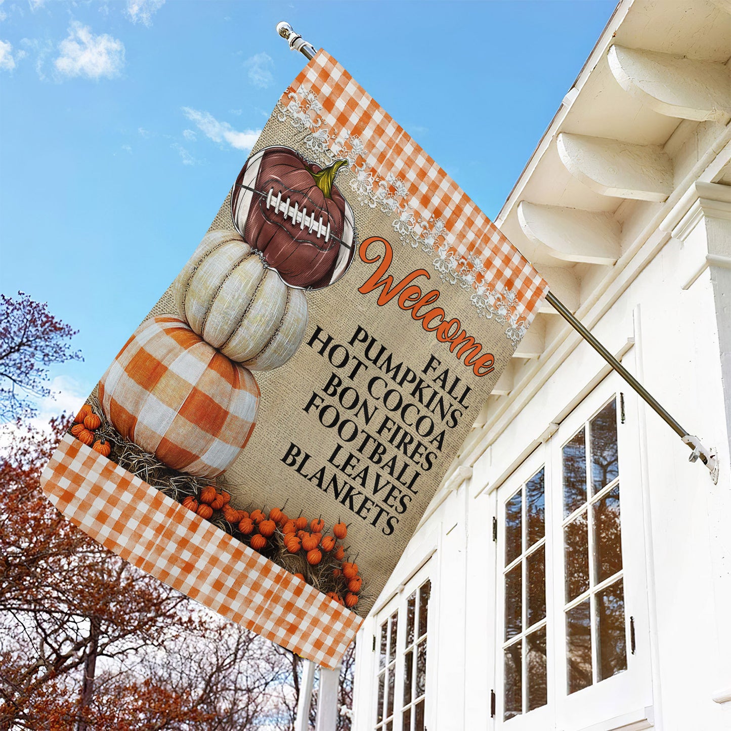 Thanksgiving Football Garden Flag & House Flag, Welcome Fall Pumpkins Hot Coca Thankful Outdoor Decor, Yard Decor Gift For Football Lovers