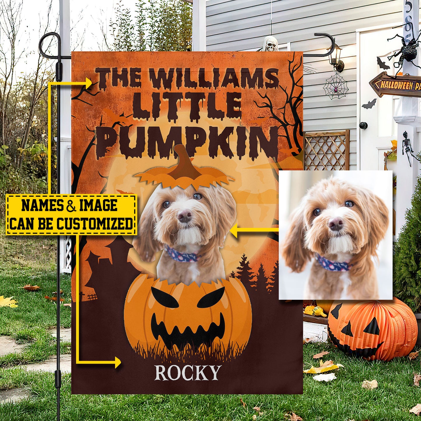 Personalized Dog Garden Flag & House Flag, Little Pumpkin, Halloween Outdoor Decor, Spooky Yard Decor Gift For Dog Lovers