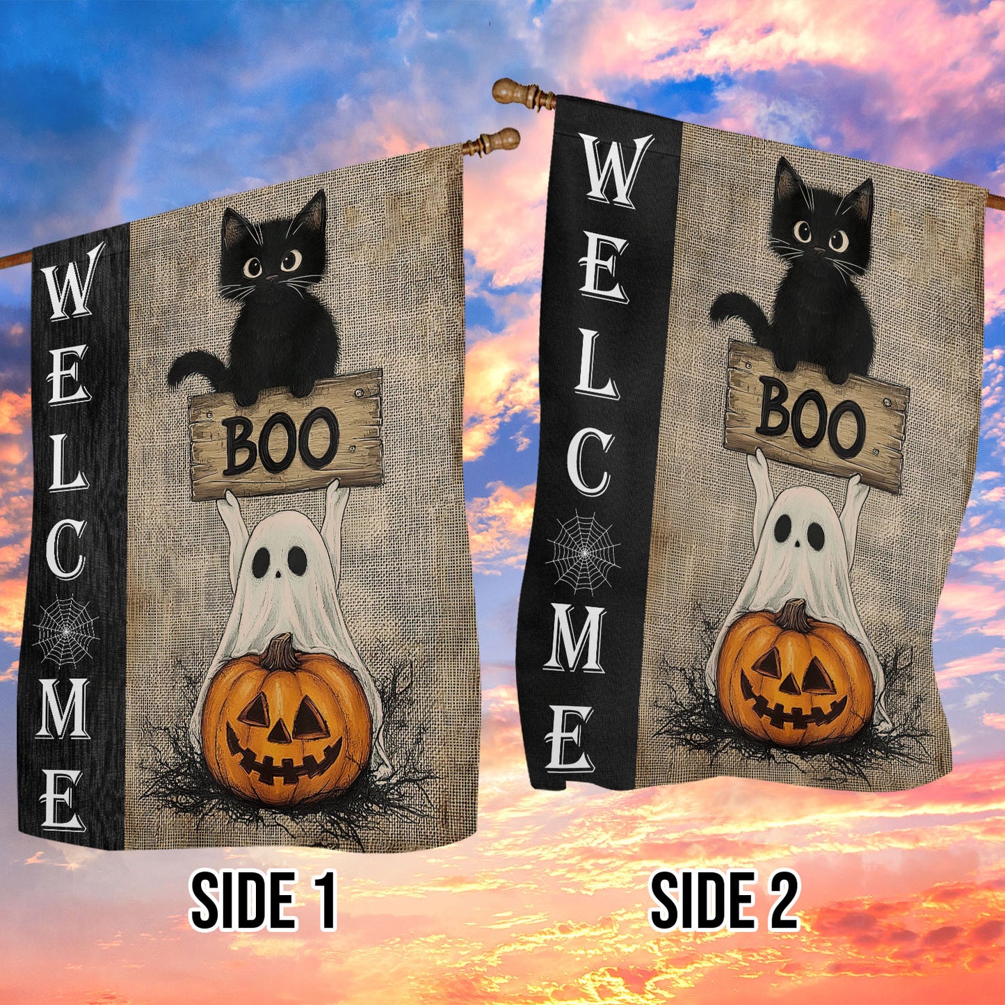 Funny Halloween Garden Flag & House Flag, Welcome Cat Ghost And Pumpkin Boo, Halloween Outdoor Decor, Spooky Yard Decor Gift