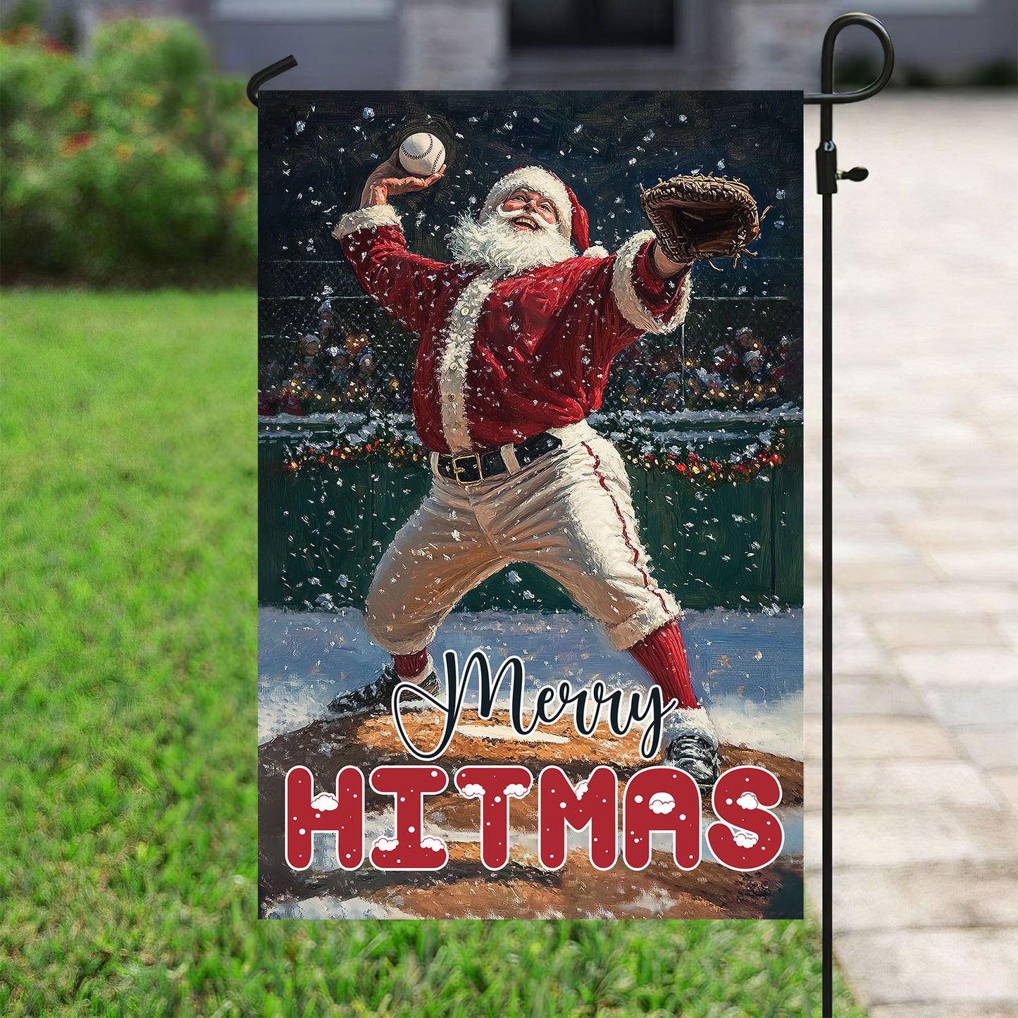 Christmas Santa Claus Playing Baseball Garden Flag & House Flag, Merry Hitmas, Welcome Outdoor Decor, Xmas Yard Decor Gift For Baseball Lovers