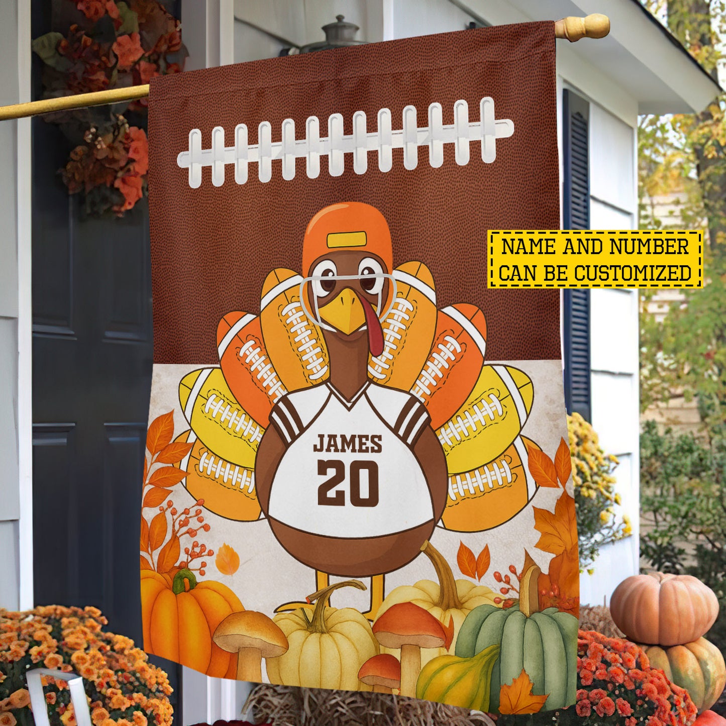 Personalized Thanksgiving Football Garden & House Flag, Thankful For Football With Turkey Outdoor Decor, Yard Decor Gift For Football Lovers