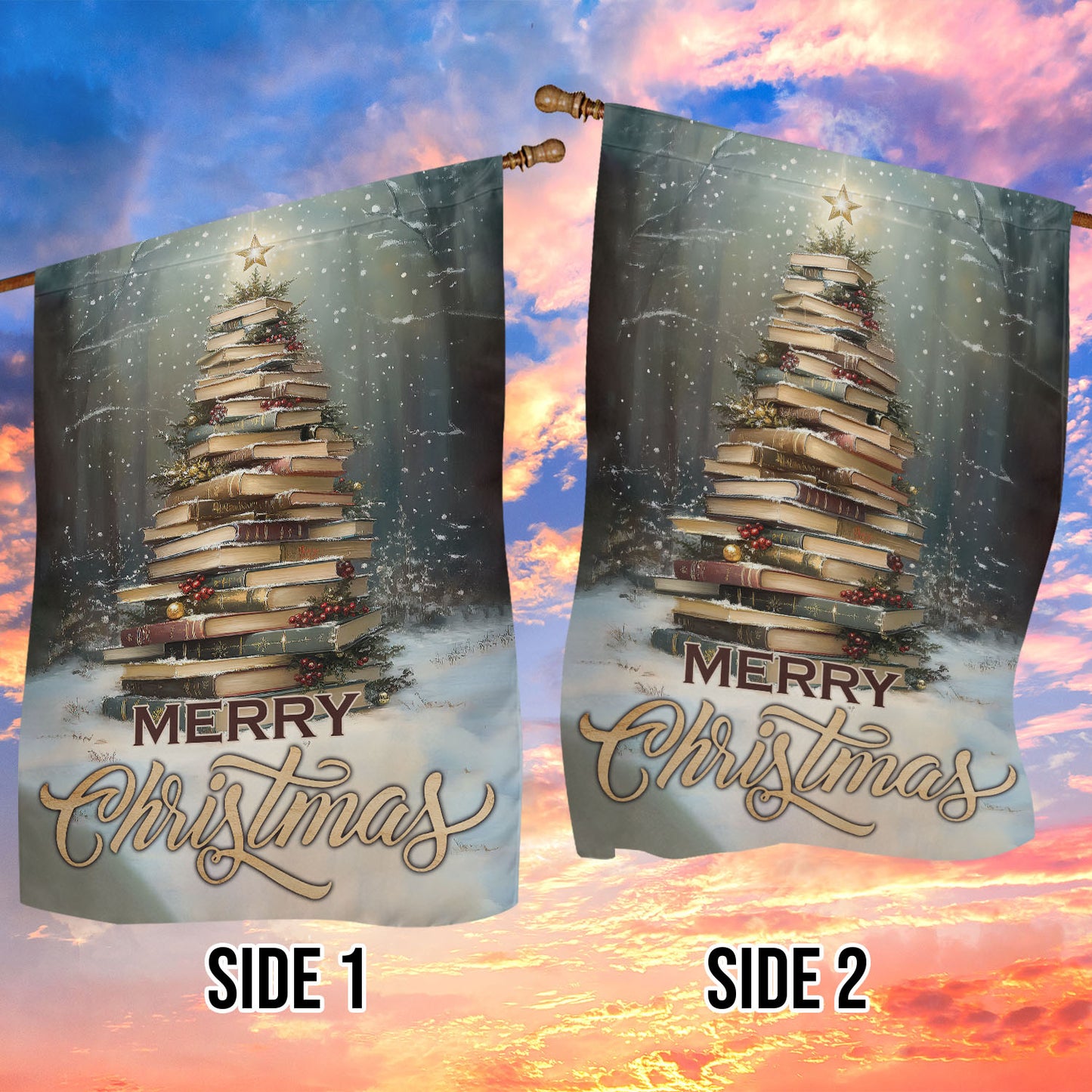 Christmas Book Garden Flag & House Flag, Merry Christmas, Welcome Outdoor Decor, Xmas Yard Decor Gift For Books Lovers