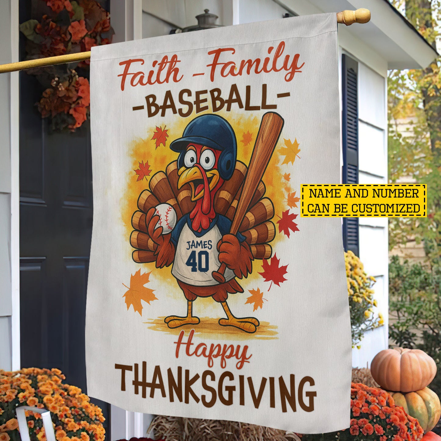 Cute Personalized Thanksgiving Baseball Garden & House Flag, Faith Family Baseball Thankful Turkey Outdoor Decor, Yard Decor Gift For Baseball Lovers