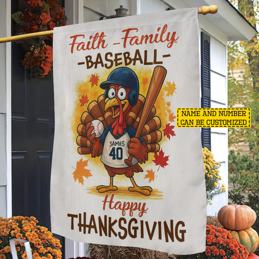 Cute Personalized Thanksgiving Baseball Garden & House Flag, Faith Family Baseball Thankful Turkey Outdoor Decor, Yard Decor Gift For Baseball Lovers