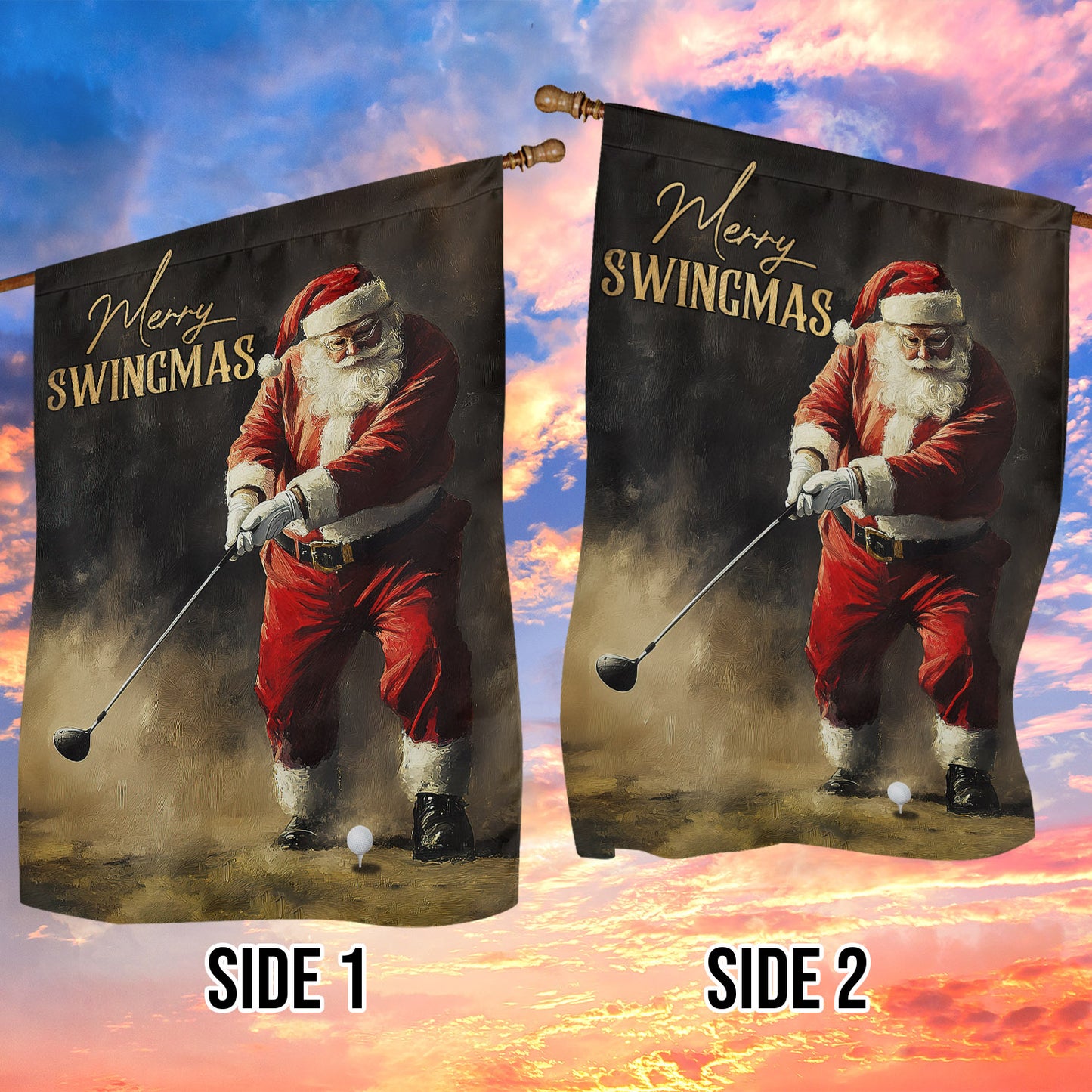 Christmas Santa Claus Playing Golf Garden Flag & House Flag, Merry Swingmas, Welcome Outdoor Decor, Xmas Yard Decor Gift For Golf Lovers