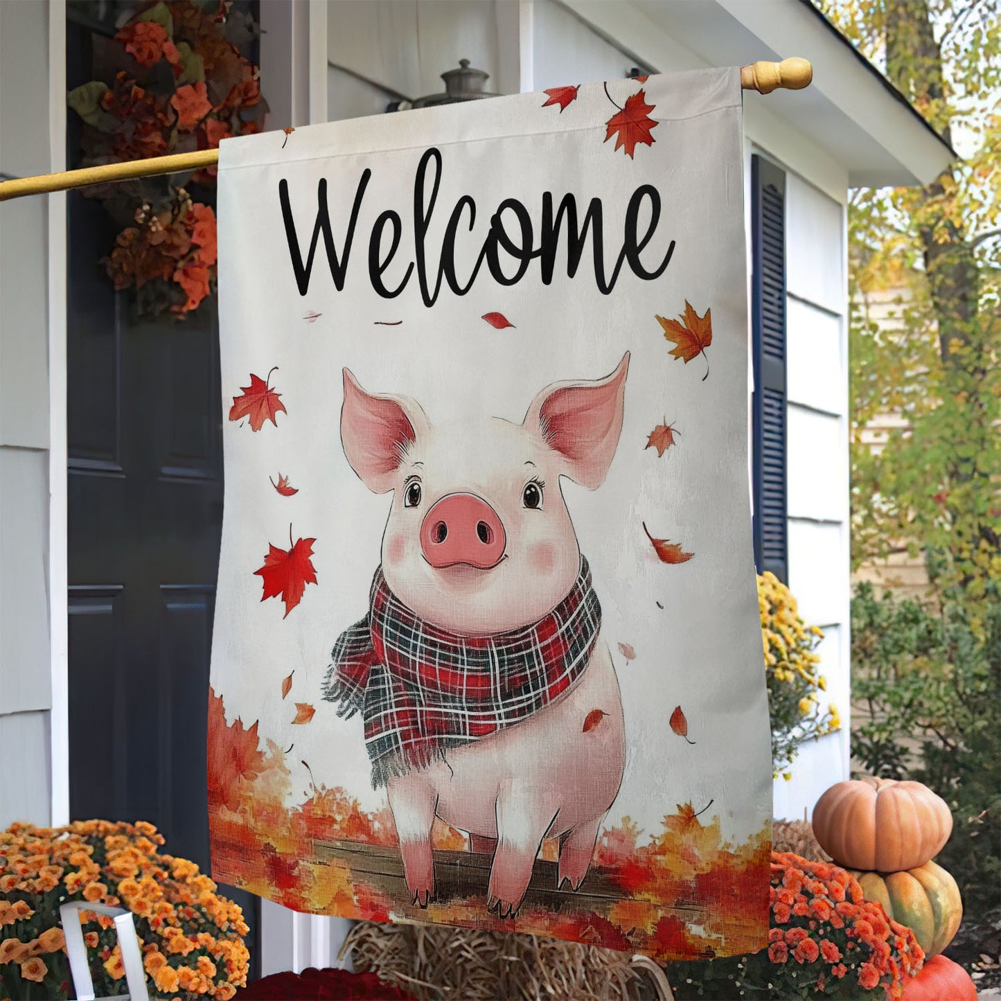 Thanksgiving Pig Garden Flag & House Flag, Welcome Thankful Season Outdoor Decor, Yard Decor Gift For Farm Loves