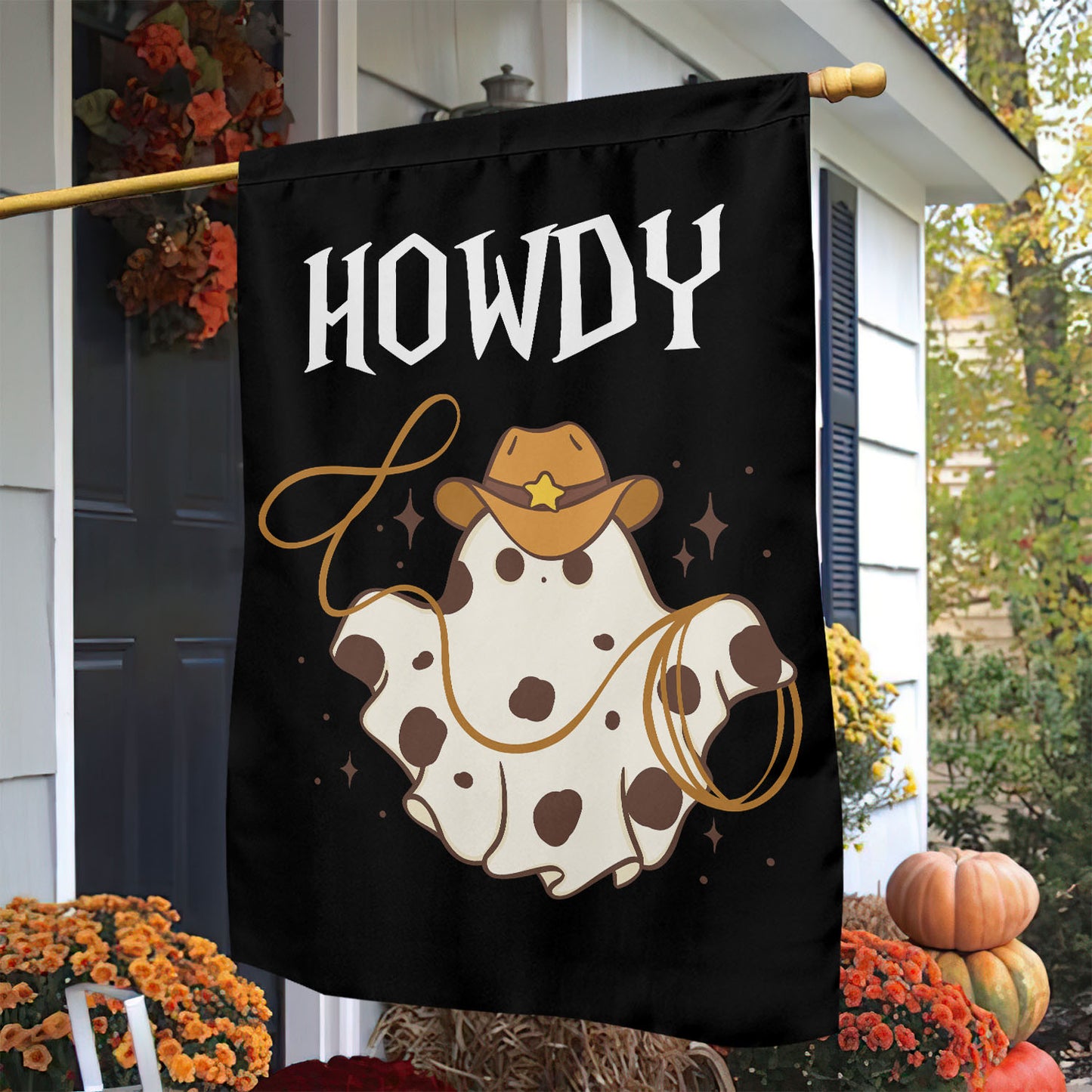 Funny Halloween Ghost Garden Flag & House Flag, Howdy Halloween Outdoor Decor, Spooky Yard Decor Gift For Cowboy Lovers