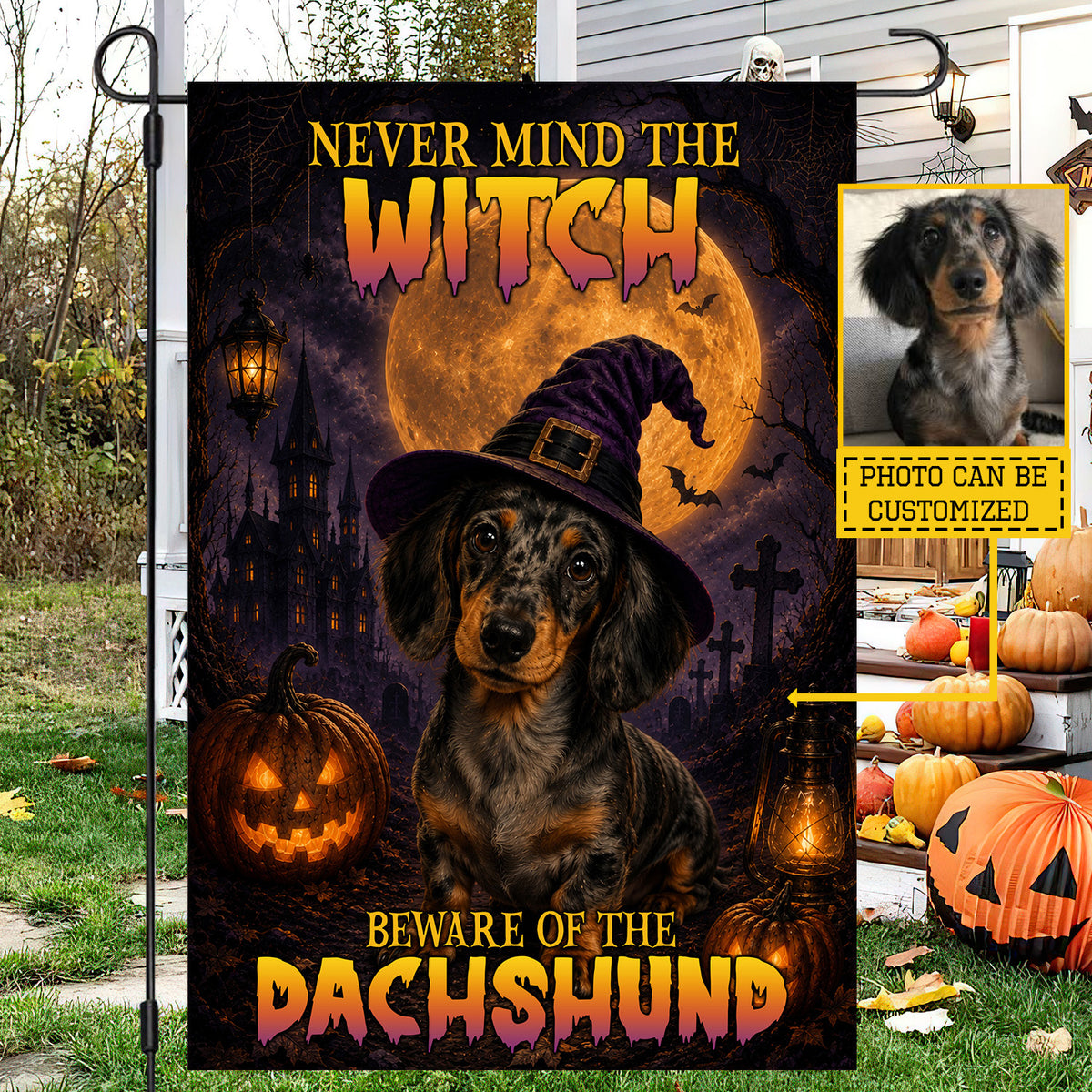 Personalized Halloween Dachshund Dog Garden & House Flag, Never Mind The Witch Yard Flag, Spooky Season Gift For Dog Lover