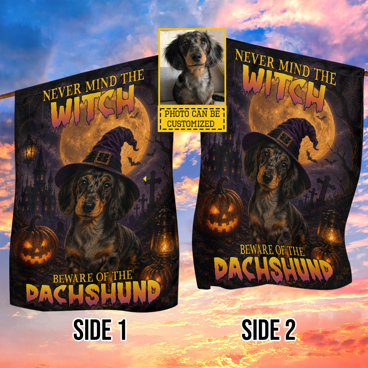 Personalized Halloween Dachshund Dog Garden & House Flag, Never Mind The Witch Yard Flag, Spooky Season Gift For Dog Lover