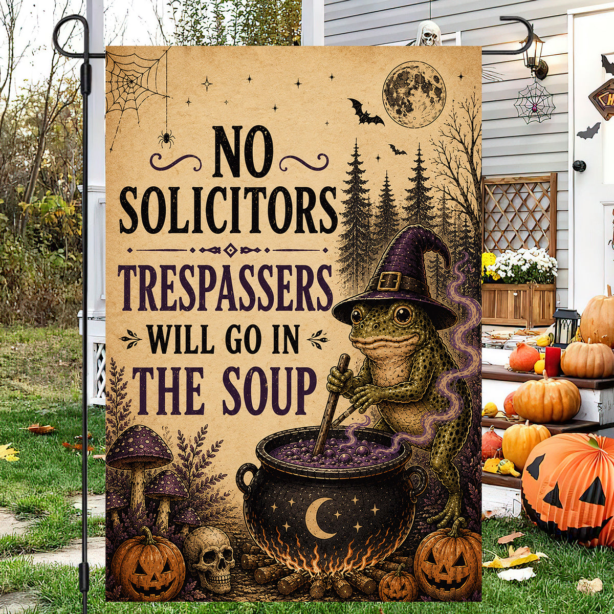Vintage Halloween Frog Witch Garden & House Flag, Trespassers Go In The Soup Yard Flag Spooky Season Gift For Witch Lover