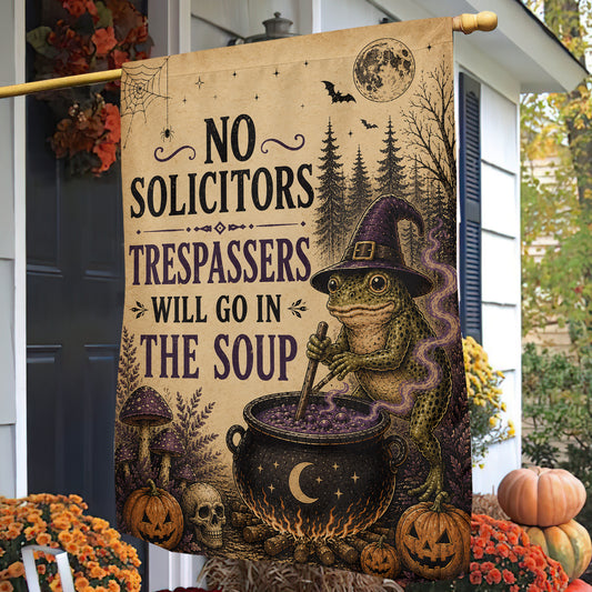 Vintage Halloween Frog Witch Garden & House Flag, Trespassers Go In The Soup Yard Flag Spooky Season Gift For Witch Lover