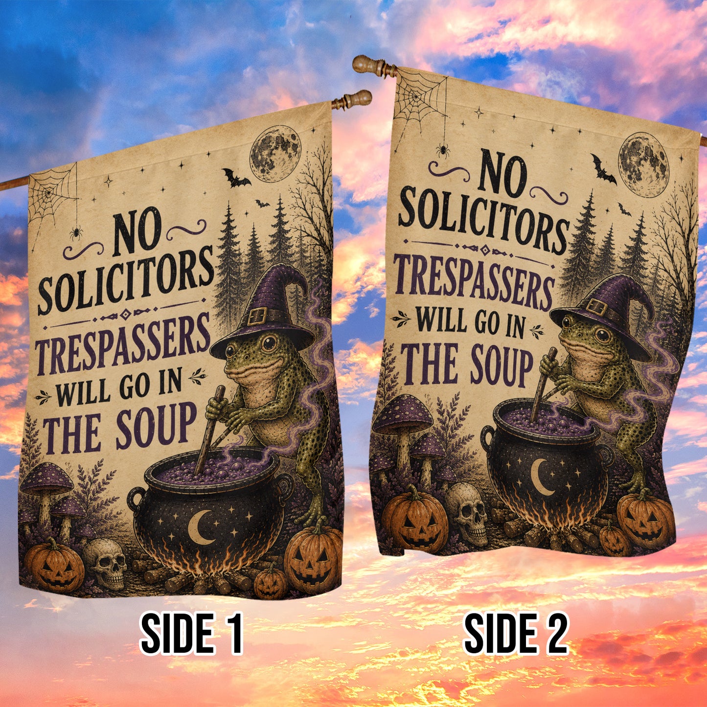 Vintage Halloween Frog Witch Garden & House Flag, Trespassers Go In The Soup Yard Flag Spooky Season Gift For Witch Lover