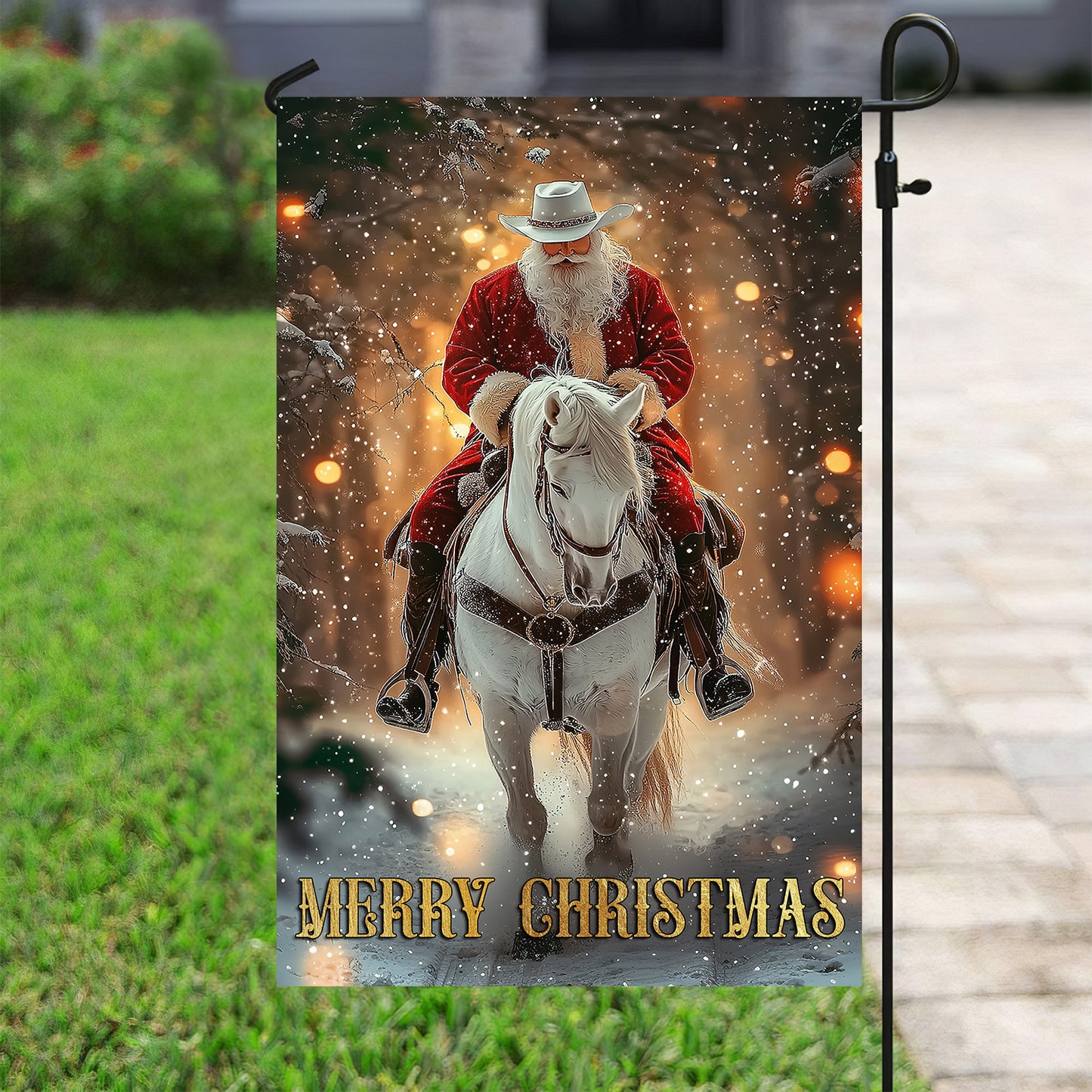 Christmas Cowboy Garden Flag & House Flag, Merry Christmas, Welcome Outdoor Decor, Xmas Yard Decor Gift For Horse Lovers