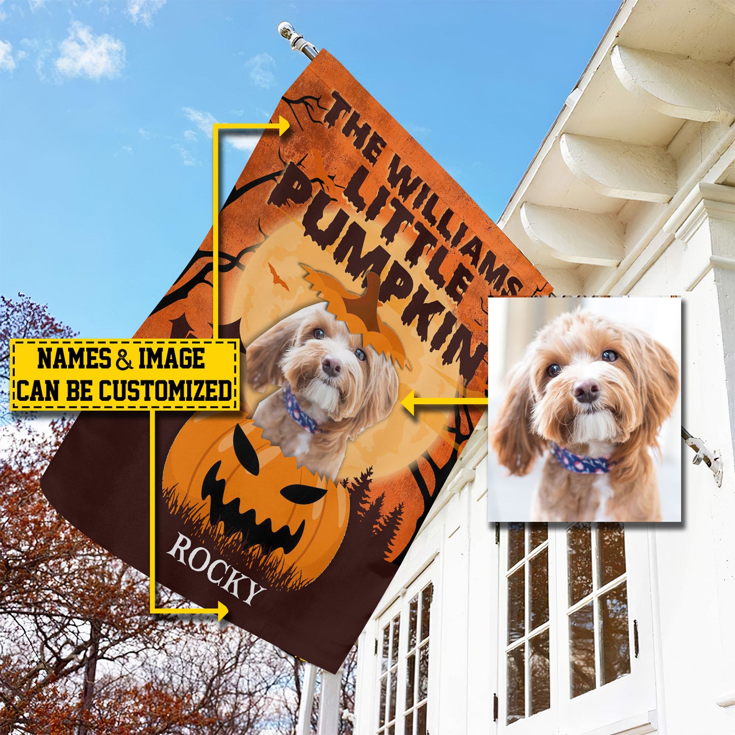 Personalized Dog Garden Flag & House Flag, Little Pumpkin, Halloween Outdoor Decor, Spooky Yard Decor Gift For Dog Lovers