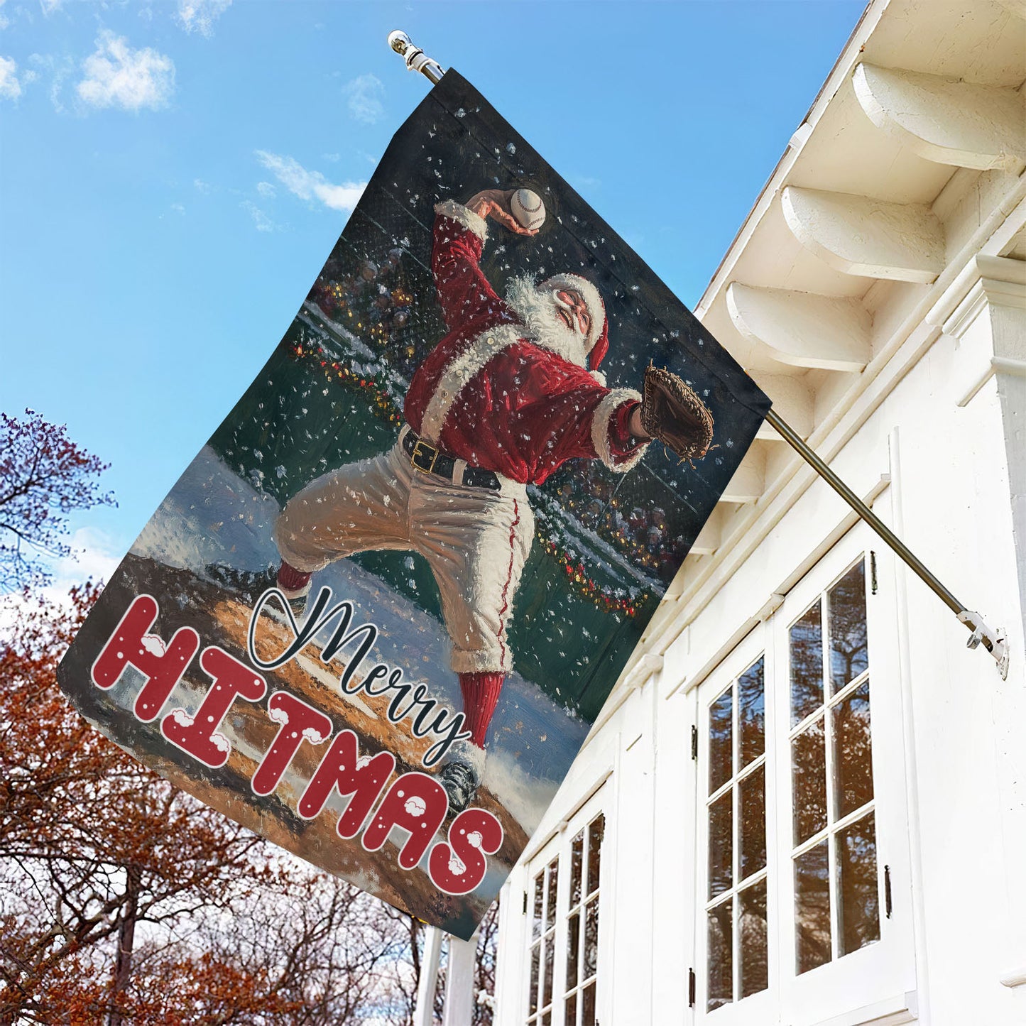 Christmas Santa Claus Playing Baseball Garden Flag & House Flag, Merry Hitmas, Welcome Outdoor Decor, Xmas Yard Decor Gift For Baseball Lovers