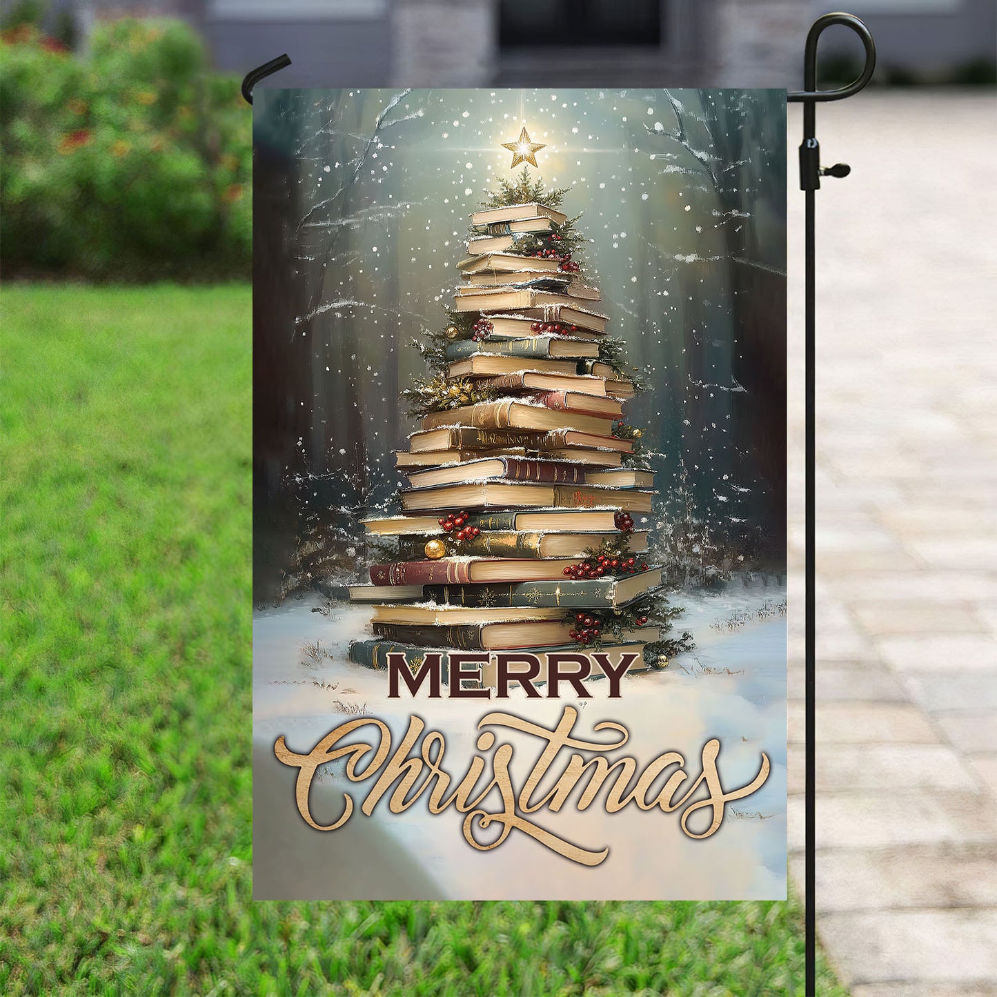 Christmas Book Garden Flag & House Flag, Merry Christmas, Welcome Outdoor Decor, Xmas Yard Decor Gift For Books Lovers