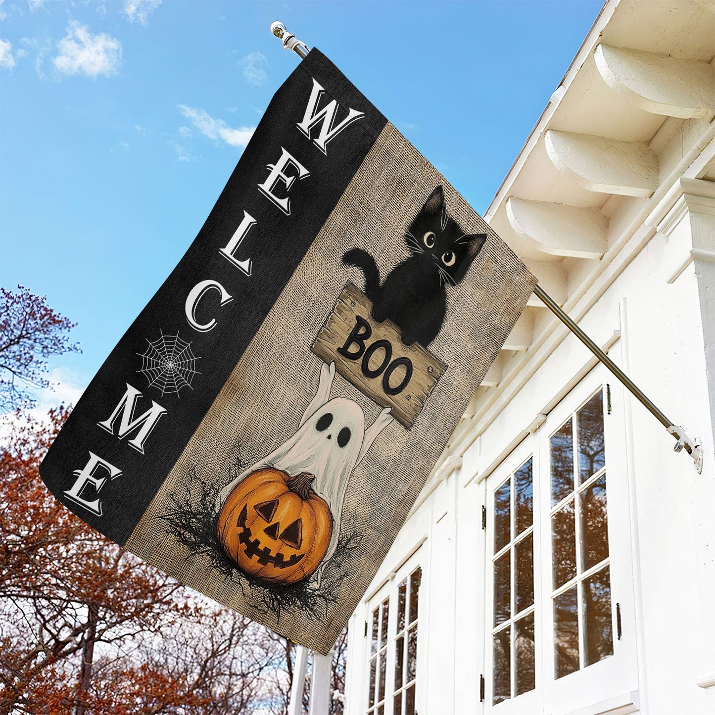 Funny Halloween Garden Flag & House Flag, Welcome Cat Ghost And Pumpkin Boo, Halloween Outdoor Decor, Spooky Yard Decor Gift