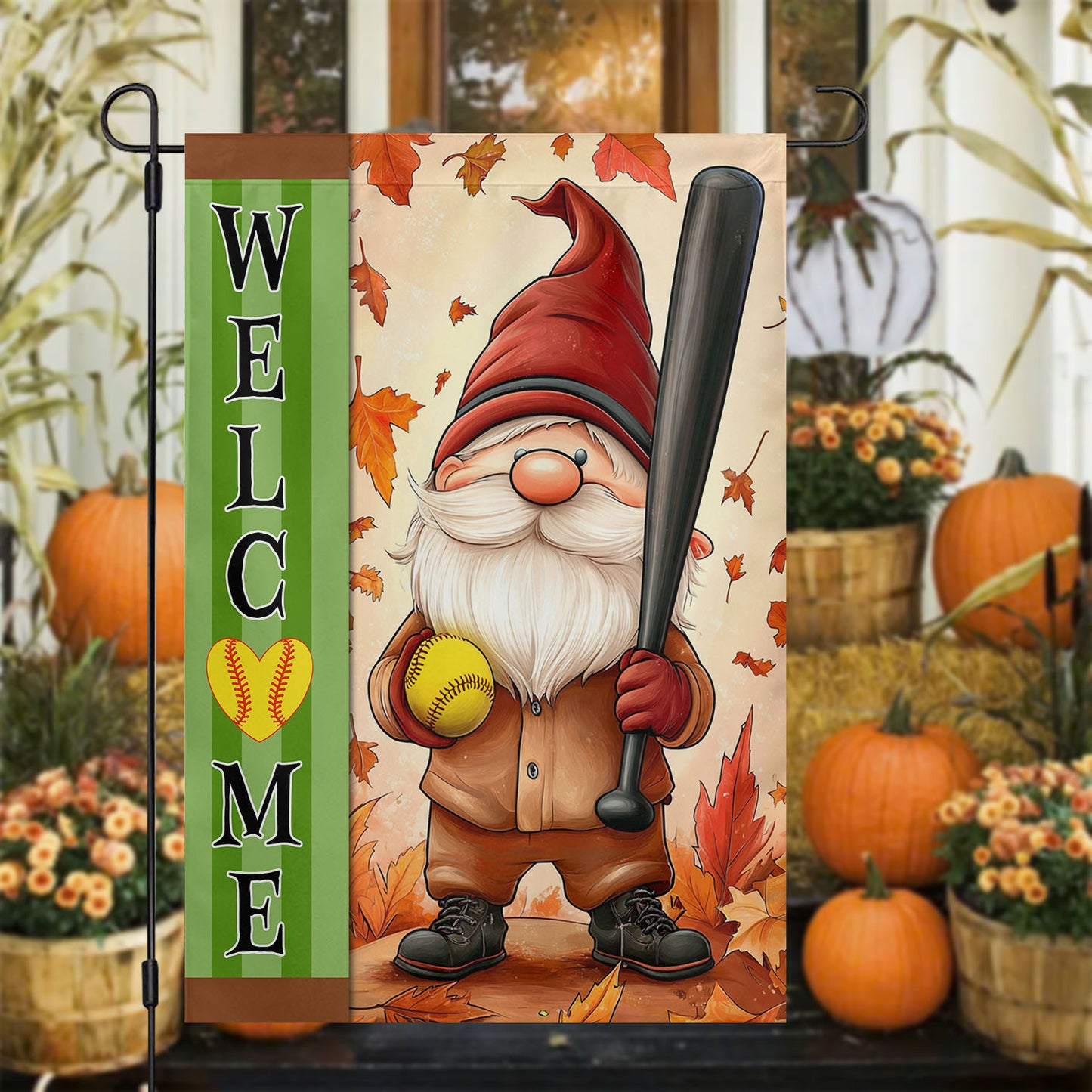 Thanksgiving Softball Garden Flag & House Flag, Welcome Thankful Season Outdoor Decor, Yard Decor Gift For Softball Lovers