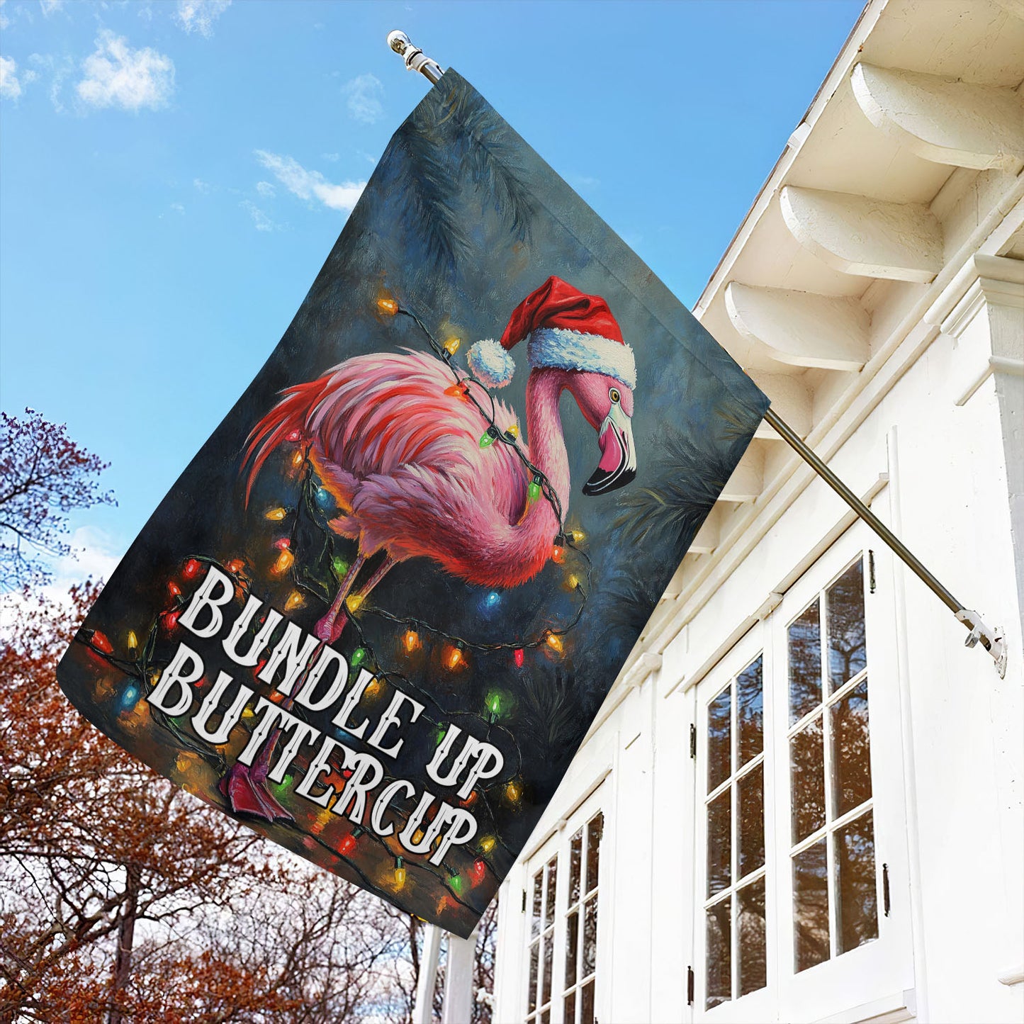 Christmas Flamingo Garden Flag & House Flag, Bundle Up Buttercup, Welcome Outdoor Decor, Xmas Yard Decor Gift For Flamingo Lovers