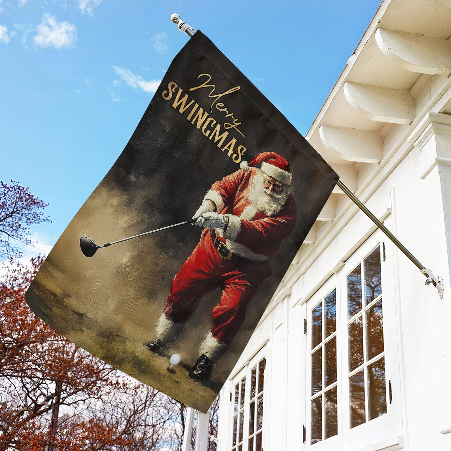 Christmas Santa Claus Playing Golf Garden Flag & House Flag, Merry Swingmas, Welcome Outdoor Decor, Xmas Yard Decor Gift For Golf Lovers