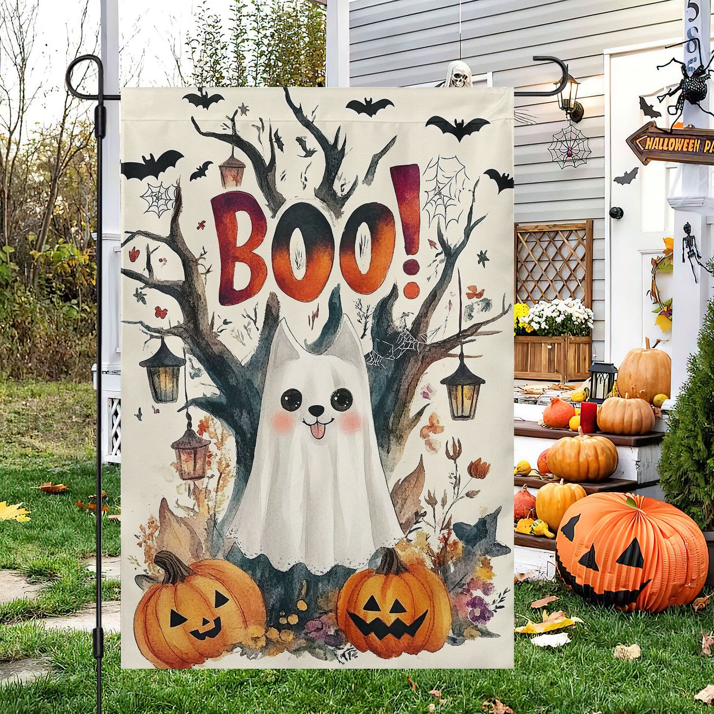 Halloween Cat Garden Flag & House Flag, Ghost Cat Boo Spooky Season Outdoor Decor, Yard Decor Gift For Cat Lovers