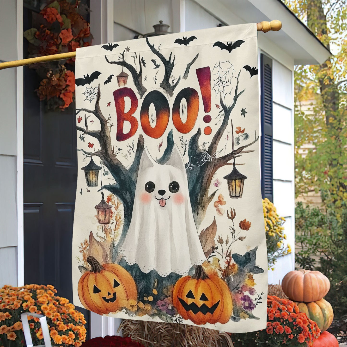 Halloween Cat Garden Flag & House Flag, Ghost Cat Boo Spooky Season Outdoor Decor, Yard Decor Gift For Cat Lovers