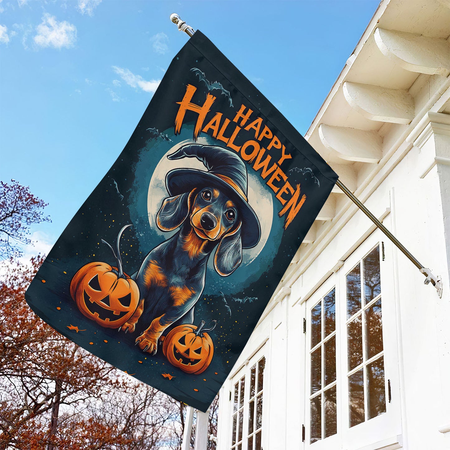 Halloween Dachshund Garden Flag & House Flag, Dachshund Happy Halloween Spooky Season Outdoor Decor, Yard Decor Gift For Dog Lovers