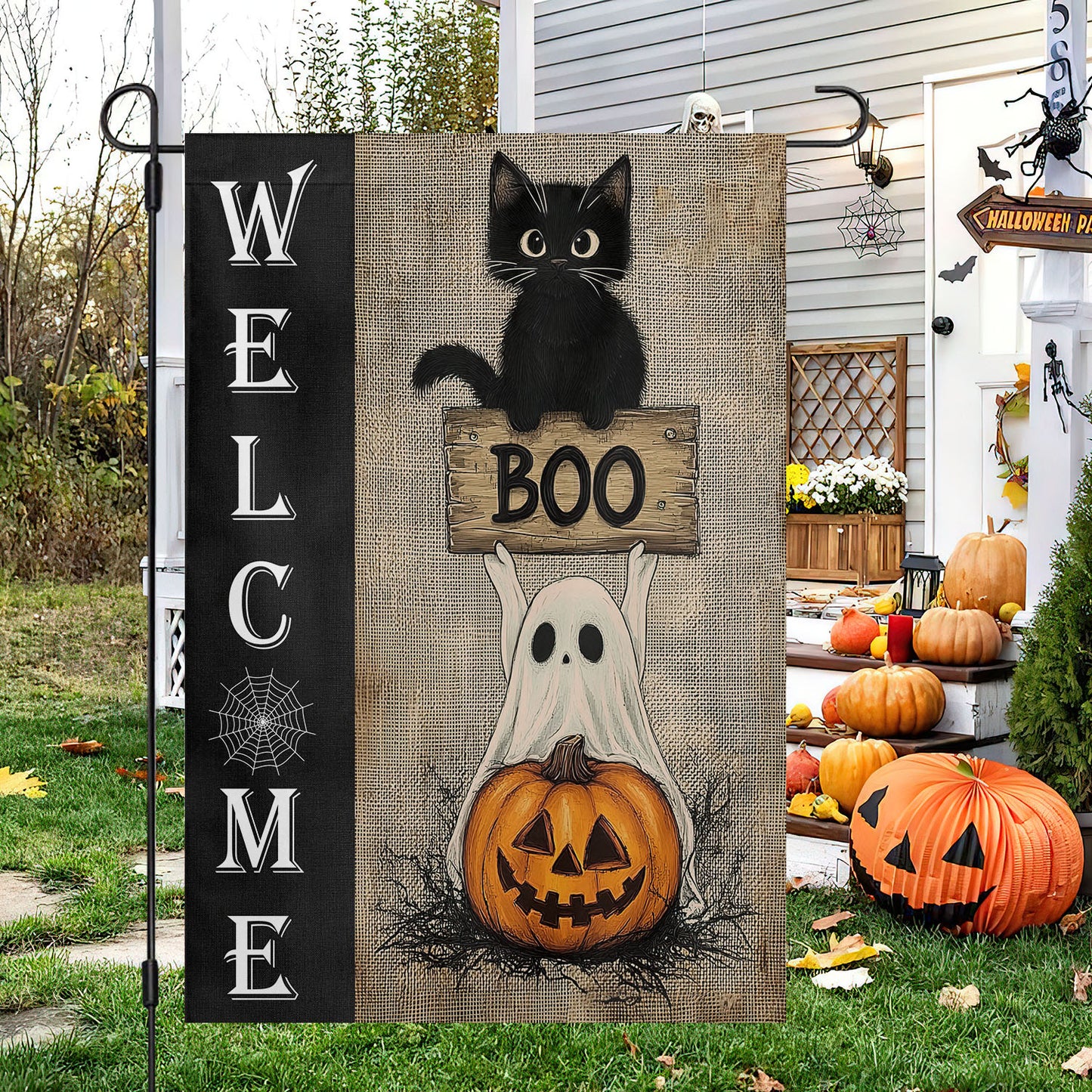 Funny Halloween Garden Flag & House Flag, Welcome Cat Ghost And Pumpkin Boo, Halloween Outdoor Decor, Spooky Yard Decor Gift