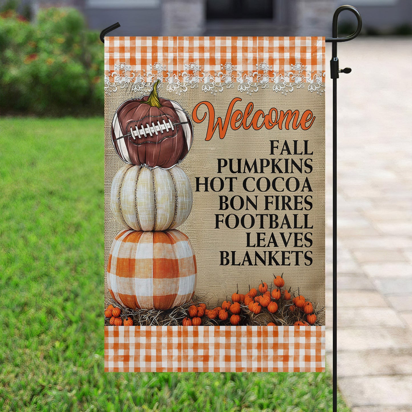 Thanksgiving Football Garden Flag & House Flag, Welcome Fall Pumpkins Hot Coca Thankful Outdoor Decor, Yard Decor Gift For Football Lovers