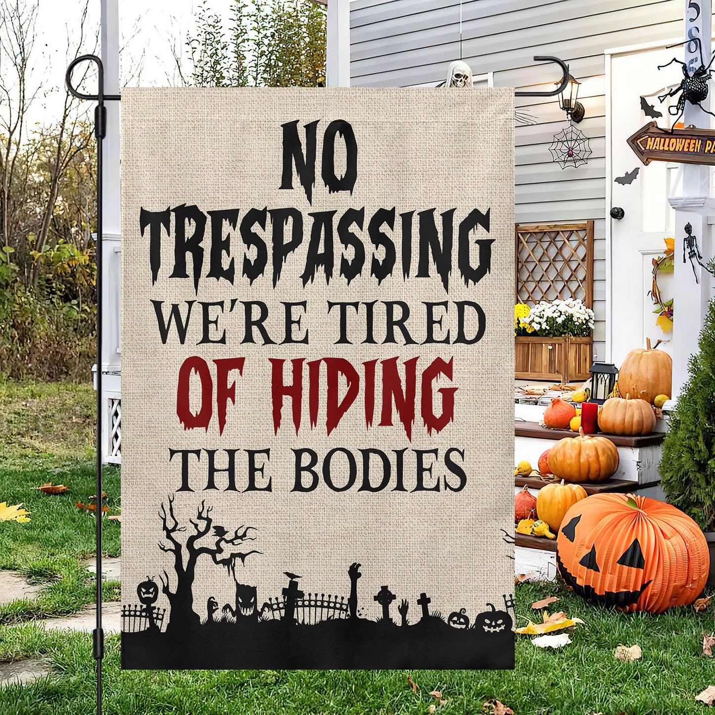 No Trespassing Graveyard Halloween Garden Flag & House Flag, Halloween Outdoor Decor, Spooky Yard Decor Gift