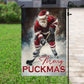 Christmas Santa Claus Playing Hockey Garden Flag & House Flag, Merry Puckmas, Welcome Outdoor Decor, Xmas Yard Decor Gift For Hockey Lovers