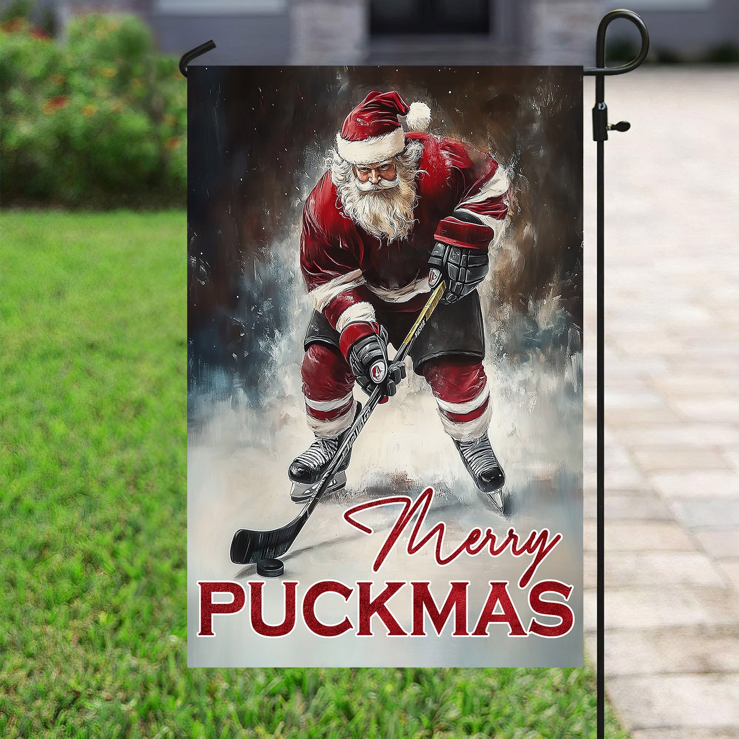 Christmas Santa Claus Playing Hockey Garden Flag & House Flag, Merry Puckmas, Welcome Outdoor Decor, Xmas Yard Decor Gift For Hockey Lovers