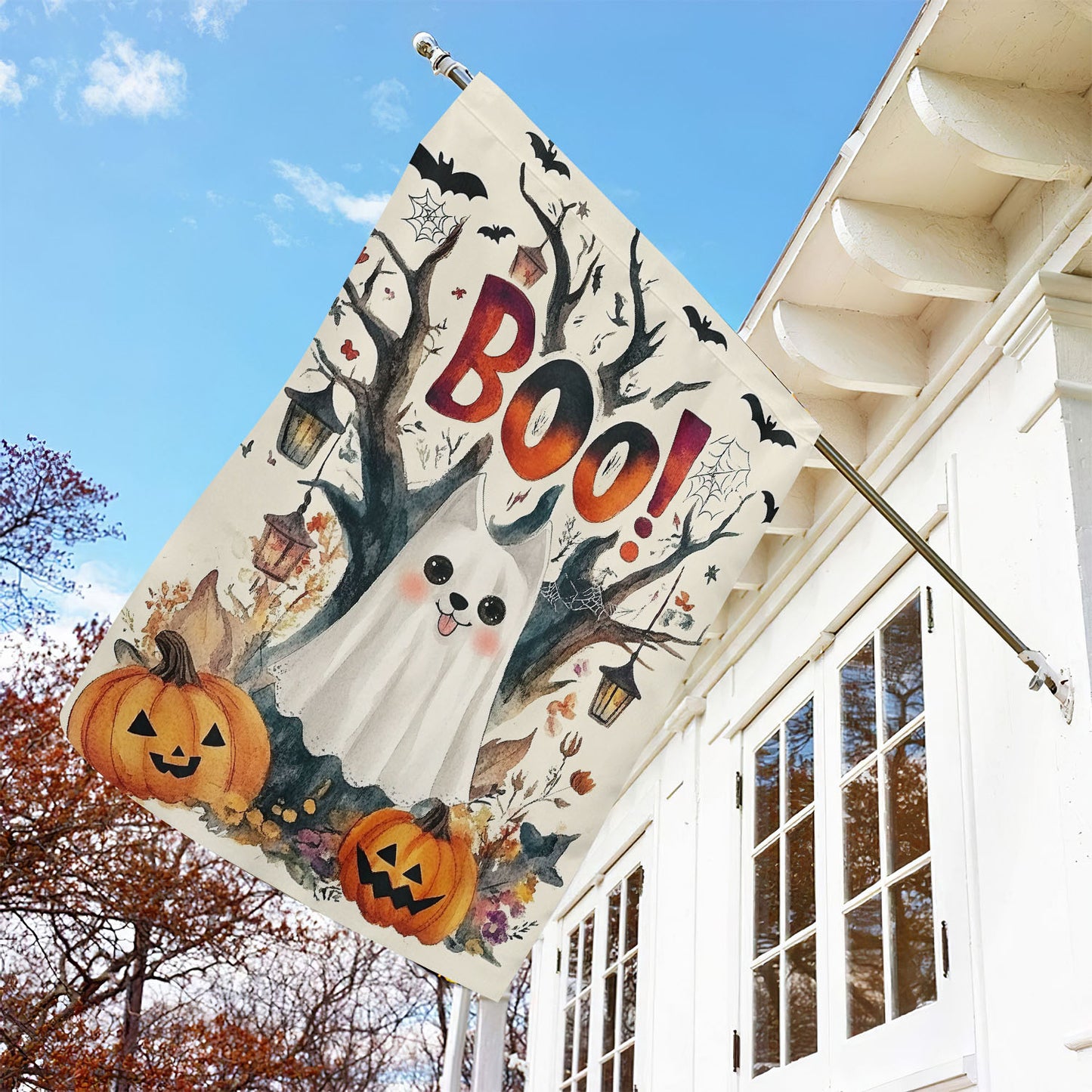 Halloween Cat Garden Flag & House Flag, Ghost Cat Boo Spooky Season Outdoor Decor, Yard Decor Gift For Cat Lovers