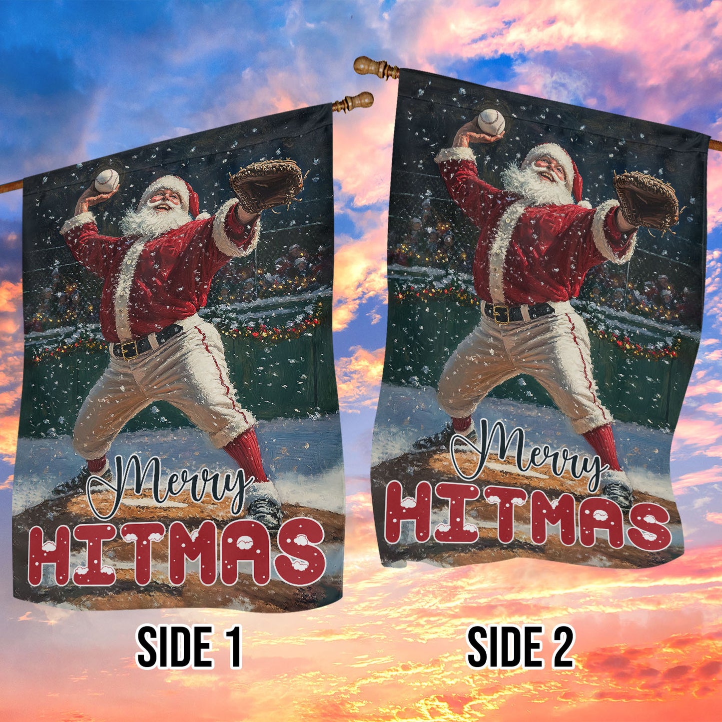 Christmas Santa Claus Playing Baseball Garden Flag & House Flag, Merry Hitmas, Welcome Outdoor Decor, Xmas Yard Decor Gift For Baseball Lovers