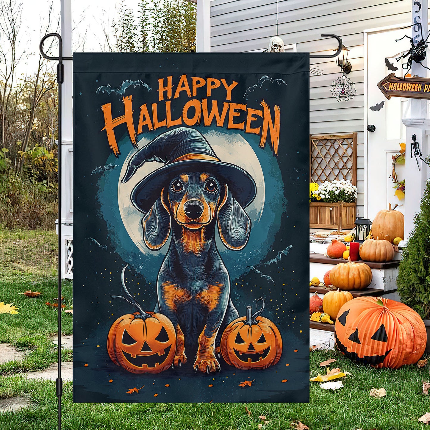 Halloween Dachshund Garden Flag & House Flag, Dachshund Happy Halloween Spooky Season Outdoor Decor, Yard Decor Gift For Dog Lovers