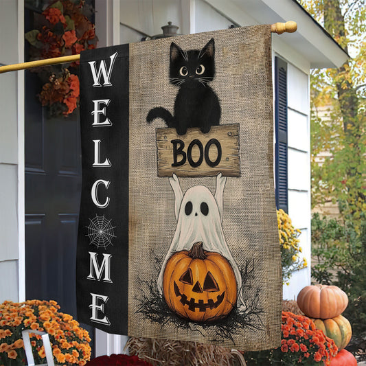 Funny Halloween Garden Flag & House Flag, Welcome Cat Ghost And Pumpkin Boo, Halloween Outdoor Decor, Spooky Yard Decor Gift